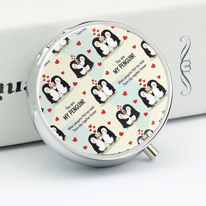 Round Pill Box, You are My Penguin Portable Travel Organizer, Metal Case with Mirror, Pocket Purse Container for Supplements