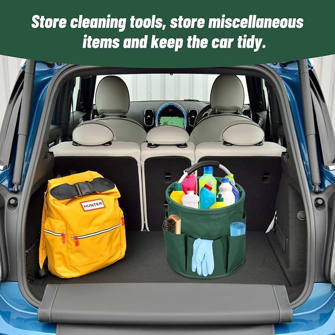 17L Portable Cleaning Bucket Organiser, 6 Pockets Foldable Cleaning Caddy with Handle Wearable Cleaning Caddy Bag for Outdoor Camping Garden Harvest Basket Home Bathroom Storage (Dark Green)