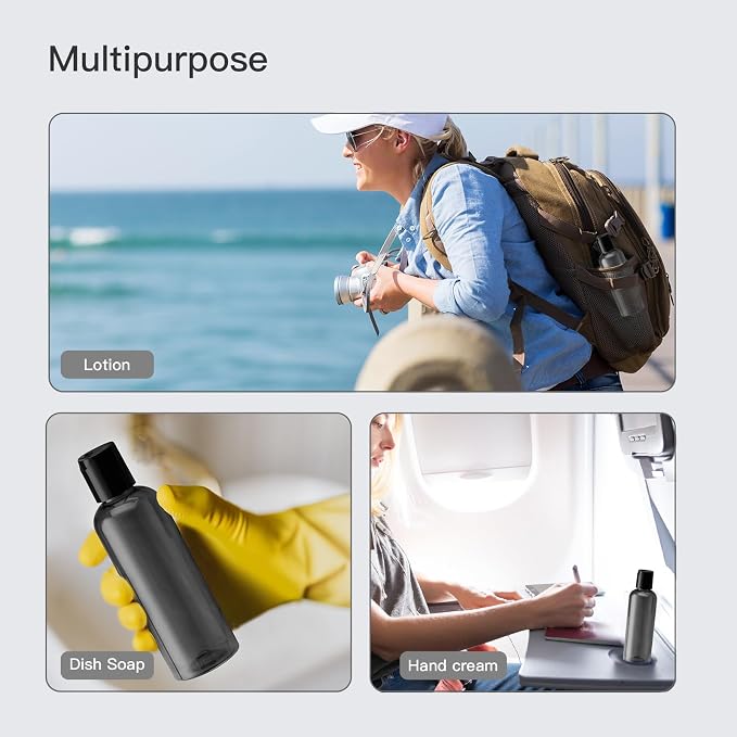 Travel Bottles for Toiletries, 3.4 oz Travel Size Containers, 5pcs, Black | Squeezable empty plastic bottles, TSA approved, leak proof, with labels, for liquids & shampoo lotion, gym essentials