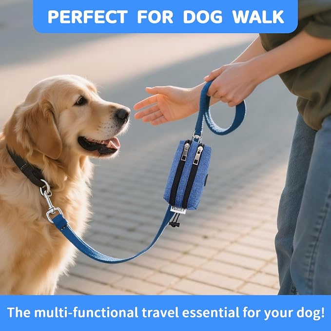Dog Poop Bag Holder with Treat Pouch, 2 Zipper Pockets & Leash Clip | Waste Bag Dispenser with 1 Roll Poop Bags, Quick Access Treat Storage, Hands-Free Design for Dog Walking, Training & Travel