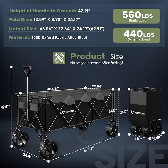 48'' Extra Large Collapsible Wagon, Big Wheels, 300L Grey & Black | 560LBS Heavy Duty, Wagons Carts Foldable, All-Terrain, Brakes, Folding Cart, Utility for Beach/Camping/Garden/Sports/Grocery