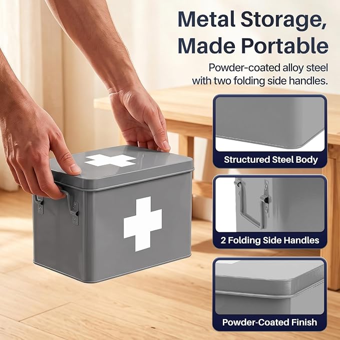 Flexzion Large Metal First Aid Box Empty, 8.5-Inch, Gray with White Cross | Vintage Medicine Box and First Aid Storage Organizer with Removable Tray and Dividers; Empty Box Only, Supplies Not Included