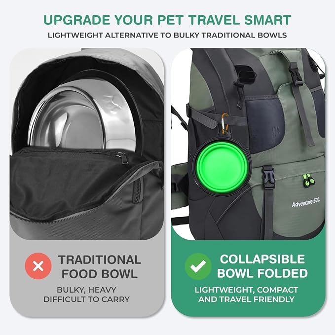 Collapsible Dog Bowls for Travel, Green | Portable Dog Water & Food Bowl for Dogs and Cats, Foldable Pet Feeding Dish, Walking Hiking Camping, Carabiner, BPA Free