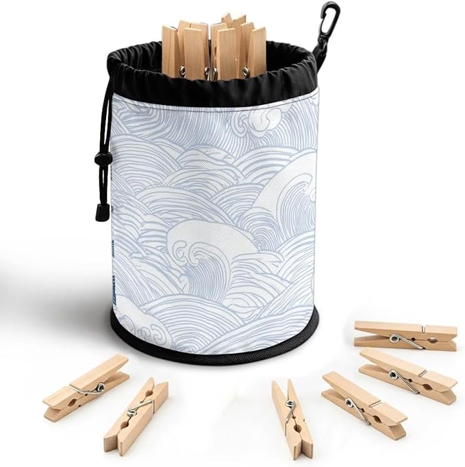 Drawstring Peg Bag Organizer, Blue Wave Pattern Clothespin Storage Pouch with Hanging Button, Portable Laundry Clips Holder for Drying Rack, Camping, Travel & Home