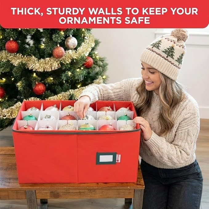 Christmas Ornament Storage Container with Dividers - Box Stores Up to 54 Ornaments, Zippered, Convenient, Adjustable, Large Organizer Bin to Protect Holiday Décor, Fits Most Standard Size, Red