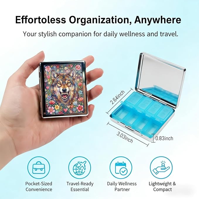 Weekly Pill Organizer, Metal Pill Box with 8 Compartments, Small Travel Pill Case for Purse Pocket, Medicine Vitamin Supplement Organizer (Floral Wolf)