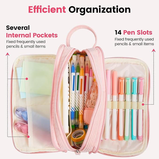 Sooez High Capacity Pencil Case, Soft Corduroy Pencil Pouch with 4 Compartments, Multiple Pockets, Large Pencil Bag with Sturdy Zipper, Cute Pencil Case Pouch Organizer for Student Teen Girls, Pink