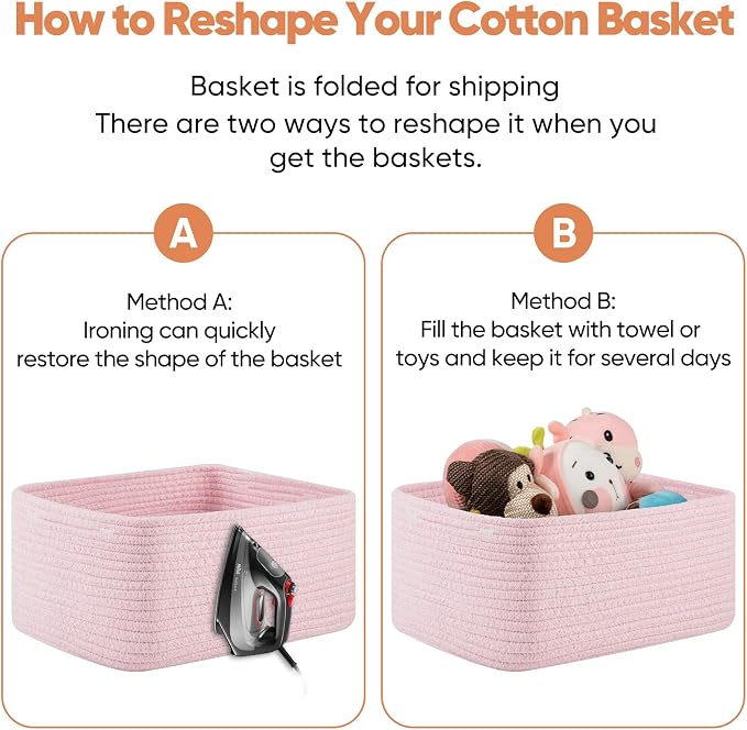 OIAHOMY 4 Pack 14.17 * 11.02 * 6.3IN Storage Baskets for Organizing Shelves, Woven Rope Baskets for Organizing Books, Clothes, Decorative Basket for Living Room, Nursery, Bedroom, Gift Basket, Pink