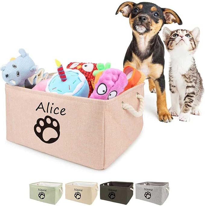 Personalized Dog Toy Storage Basket Bin Collapsible Customized Pet's Name Storage, Organizer for Dog Toys、Clothing、Apparel & Accessories with Box Paw Print(Gray-S)