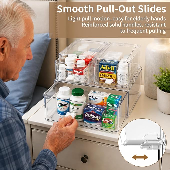 Pull Out Medicine Cabinet Organizer, Clear Acrylic Drawer Storage Organizer with Sliding Trays, Stackable Bathroom Countertop Medication Caddy for Vitamins, Pills, First-Aid Supplies