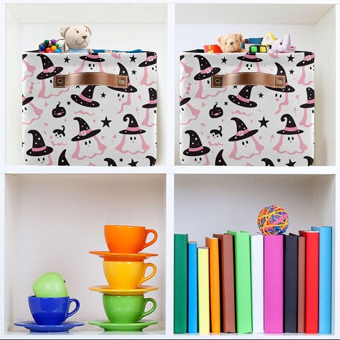 Kigai Storage Basket, Fabric Collapsible Closet Organizer Bin | Halloween Boo Waterproof Foldable Canvas Basket with Handles for Shelves, Nursery, Closet, Bedroom & Bathroom