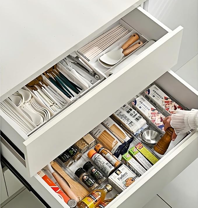 Retractable Drawer Storage Box - 6 Detachable Dividers with 2.04 Inch Shallow Drawer Height PET for Kitchen Utensils, Cosmetics, Office Supplies Storage (10.43 Inch L,20.27 Inch)
