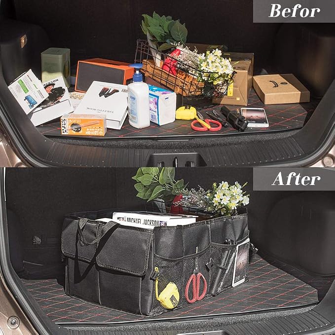 JiatuA Car Trunk Organizer for SUV Collapsible Car Storage Organizers Black | 8 Pocket Waterproof Dust-proof Sturdy Foldable Cargo Backseat Storage Adjustable Car Accessories for Sedan More Trunk Space
