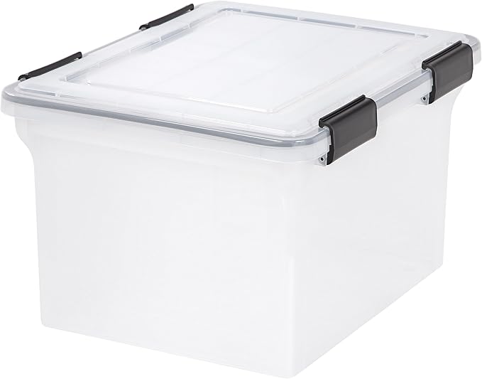 IRIS USA WeatherPro Storage File Box, 32 Qt. 6-Pack, Clear/Black | Protect files, documents and important records with weather resistant storage, secure latches and stackable organization