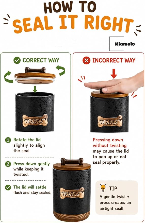 Miamolo Dog Treat Container, Dog Treat Jar for Countertop Airtight Seal Lid | Ceramic, 8 Cups, Wooden Lid, Cast-iron Handle | Dog Food Storage Container, Decorative Dog Cookie Canister, Bone Dotted Black