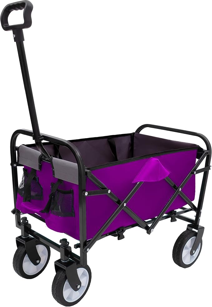 Collapsible Folding Outdoor Utility Wagon, Strap Collapsible Foldable Wagon Cart with Strapping System, Supports 225lbs (Purple)