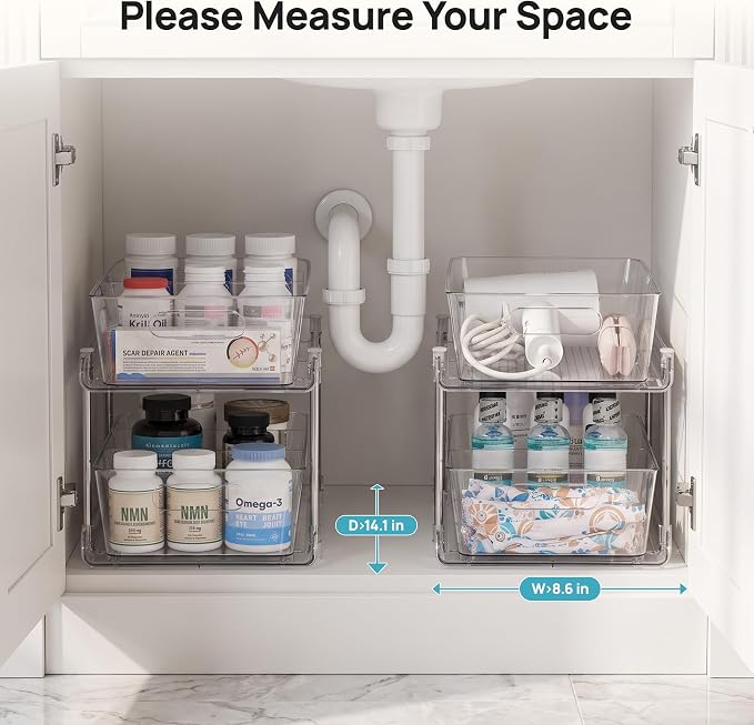 Vtopmart 2 Pack Larger Pull Out Bathroom Under Sink Organizer (M-Standard) | Slide-out drawers, Multi-purpose storage, Clear visibility, Easy Set-up