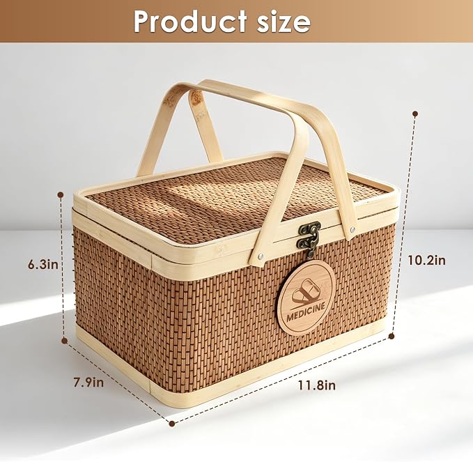 Medicine Basket, Medicine Basket Organizer with Lid, Seagrass Storage Basket Bins for Medicine Pill Vitamin Bottle