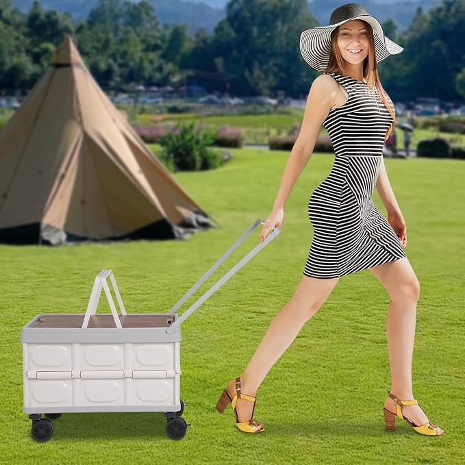 Rolling Foldable Crate with Wheels, Collapsible Rolling Crate with Wooden Cover, Foldable Utility Cart with Wheels for Teachers, 55L 77lbs