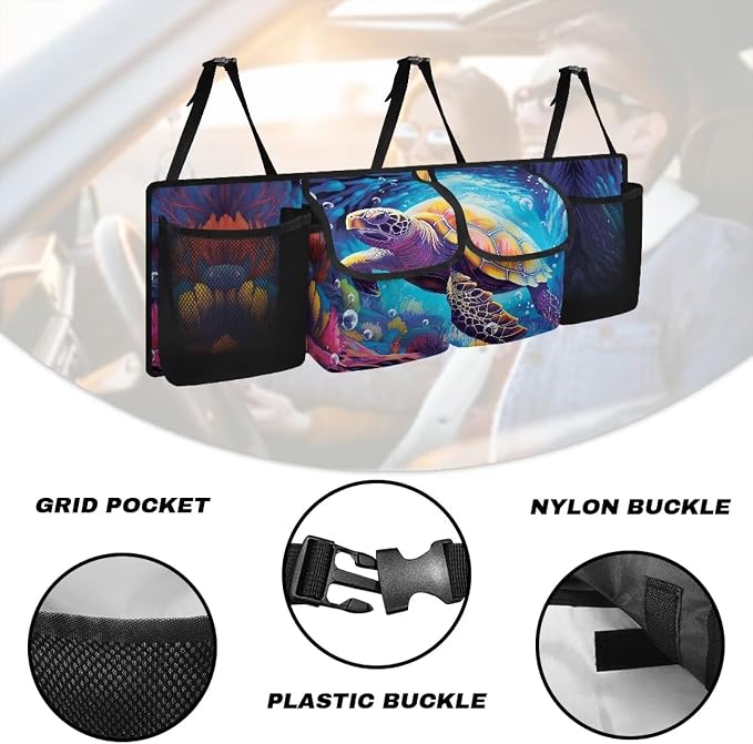 Dreaweet Car Trunk Organizer Back Seat Hanging Storage with 4 Large Pockets,Turtle Car Accessories for Women Men Collapsible Car Seat Back Storage Mesh Net Bag Trunk Organizer for SUV Sedan Trucks Van