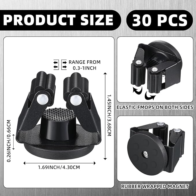Vercraft 30 Pcs Magnetic Broom Holder Wall Mounted Anti Slip Rack,Black | Movable Magnetic Organizer for Mops Brooms, Dual Roller Grip, Wall Storage for Garage Kitchen Laundry Garden Tools
