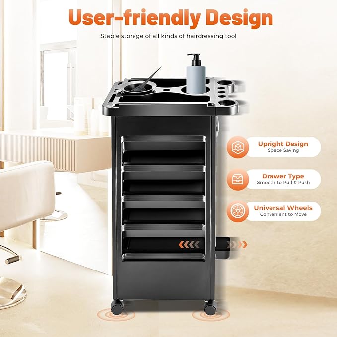 Hair Styling Salon Trolley Cart, Cart Rolling Organizer Mobile Barber Station with 5 Drawers and Dryer Holder for Hair Salons Pet Shops Beauty Salons