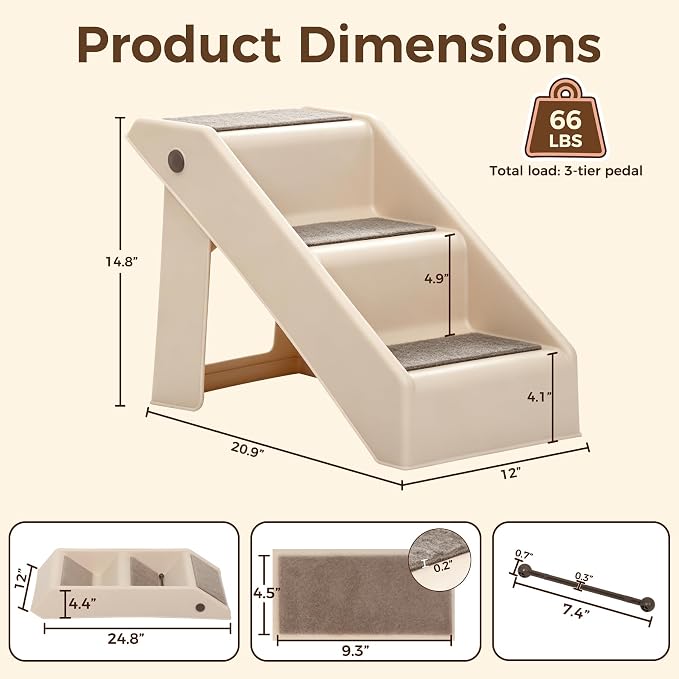 Foldable Dog Stairs 3-Step Pet Ramp Steps for Dogs and Cats, for Couch Sofa,High Bed Non-Slip Balanced Indoor Step Support, Yellowish
