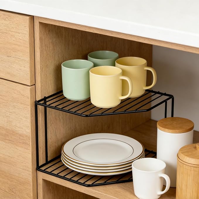 2Pcs 2-Tier Corner Stackable Organizer Shelf - Cabinet Storage Shelf Rack, Shelves，Kitchen Counter and Cabinet Shelf, Storage Rack Organizer for Kitchen (Black)