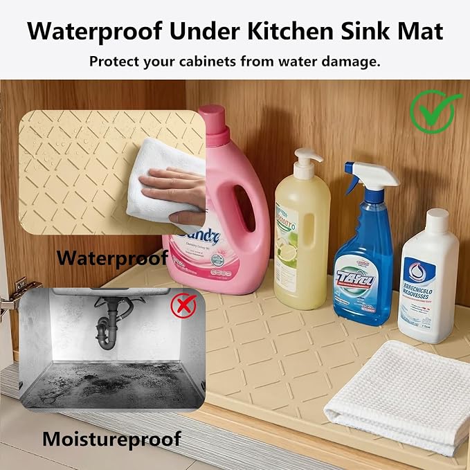 Mateeylife Under Sink Mat Kitchen Waterproof, Silicone Sink Tray 22"X34" | Under Sink Organizer Cabinet Shelf Protective Liner, Multi-use Silicone Mat for Boot Tray & Litter Mat, Khaki