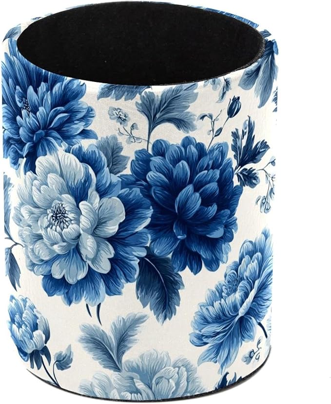 Faux Leather Pen Holder for Desk, Pencil Organizer Blue Flowers Pen Cup Desk Decor Makeup Brush Holder Storage for Office Home