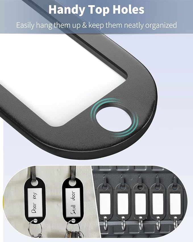 Uniclife 40 Pack Key Tags 2 Inch Plastic Key Chain Tags with Label, Black | Writable key tags with clear windows, blank paper labels, protective films and split rings for easy item identification