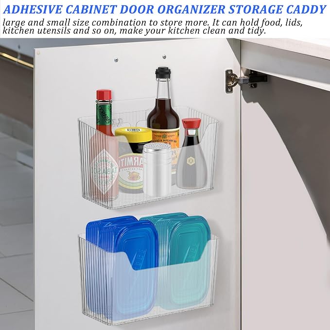 4 PCS Adhesive Kitchen Cabinet Door Organizer Storage Caddy, Clear Lid Organizer Cabinet Door Wall Mounted Pantry Storage Organizer for Food, Under Sink Door Storage Shelf for Kitchen Bathroom Office