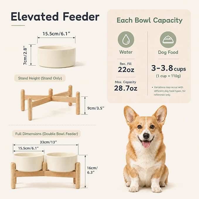 Havniva Ceramic Dog Bowls Elevated, Raised Dog Food Bowl for Small Dogs | 6.1” Elevated Dog Bowls, Non-Slip Wood Stand, Dog Food and Water Bowl Set, Dog Feeding Dish, Large Capacity Pet Water Bowl