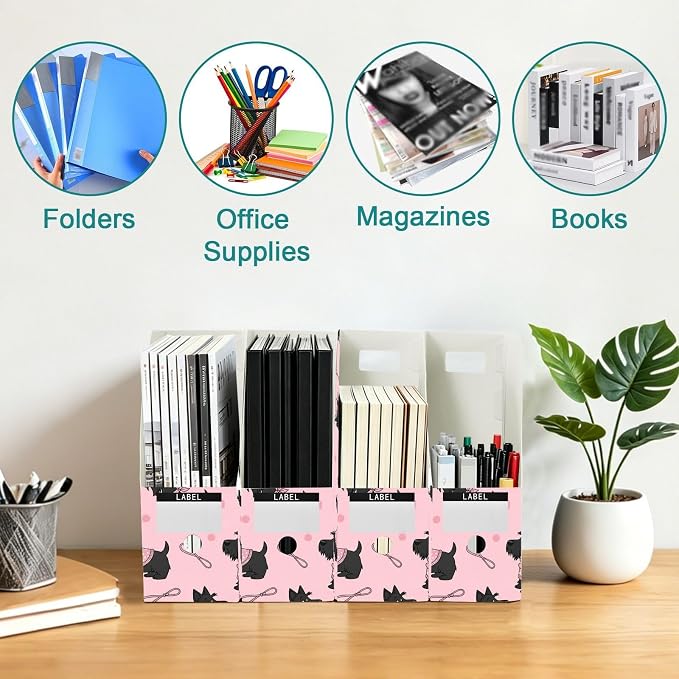 SPRIPORT Cute Pets Dogs Pink Print Water Resistant PP Magazine File Holder Organizer for Desk, Foldable Storage Rack for School Library Office Document Sorter with Labels 23x30x10cm (3 Pack)