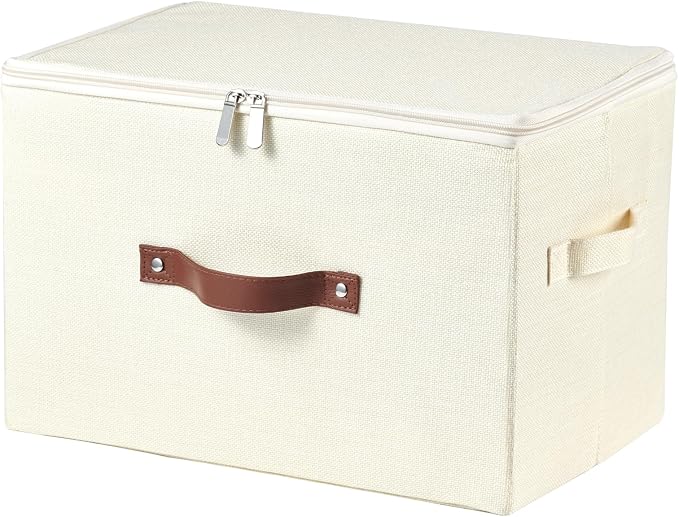 Storage Bins with Zipper Lids Decorative Lidded Baskets Boxes | Clothes Container, Closet Shelf Organizer, Foldable Washable, Cotton Linen Fabric, w/ PU Leather Handles, Beige, Large