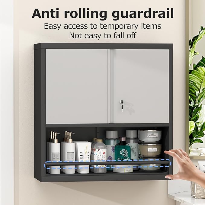 Metal Cabinet Wall Mounted, Garage Wall Cabinets with Doors & Adjustable Shelves, Steel Floating Hanging Storage Cabinet, Metal Locking Cabinet for Bathroom, Office, Warehouse