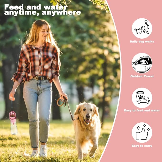 Pink Large Portable Dog Water Bottle with Food Container | Travel Dog Water Bowl(500ml),Food Container(180ml),Leak-Proof,2-in-1 Pet Essential Outdoor Supplies for Walks Hikes Campsites
