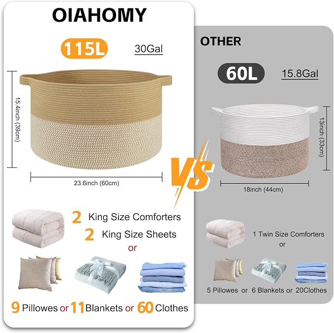 OIAHOMY 115L Extra Large Blanket Basket for Living Room, 23.6" x 15.4" Woven Cotton Rope Laundry Basket for Organizing Pillows, Decorative Stuffed Animal Toy Storage for Nursery, Jute and White