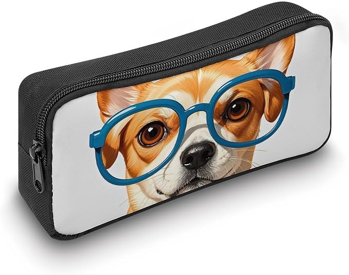 Pet Dog Soft Bow Tie, Oversized Glasses Large Capacity Pencil Case with Double Zipper - Aesthetic Stationery Pen Organizer Pouch, Portable Storage Bag for Office Supplies, Travel & Cosmetics