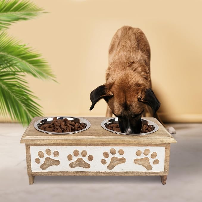 GoCraft Raised Dog Bowls for Small Dogs – Whitewashed Wooden Elevated Feeder Stand in Modern Farmhouse Style with 2 Stainless Steel Bowls for Pet Food & Water
