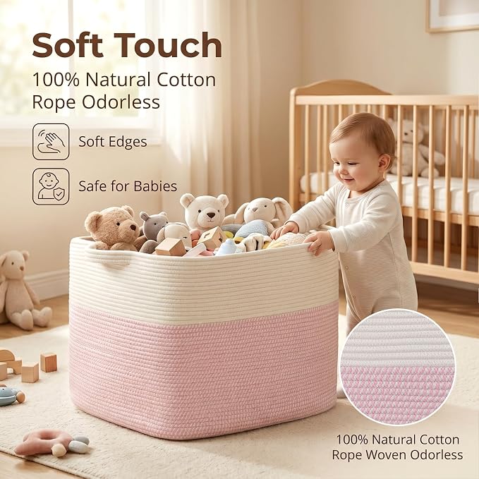 OIASKET 108L Cotton Rope Storage Basket for Living Room and Bedroom 25"x16"x16" Woven Laundry Basket, Heavy Duty Bin for Blankets, Pillows & Toys, Pet-Safe & Scratch-Free, Pink and White