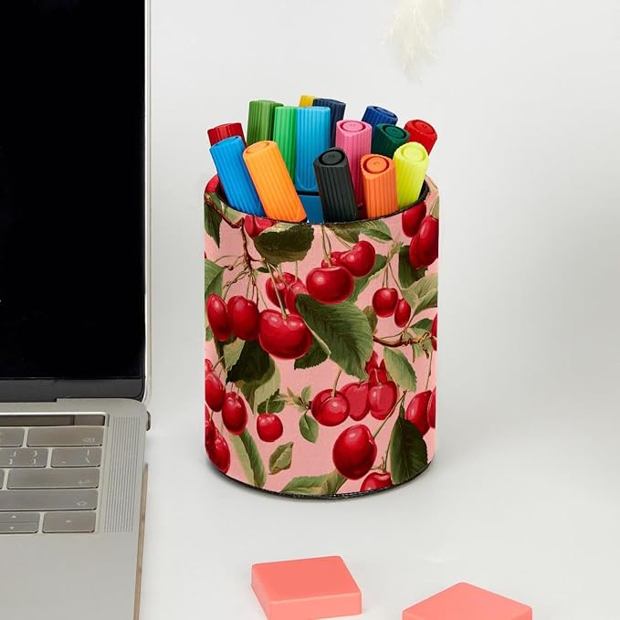 Faux Leather Pen Holder for Desk, Pencil Organizer Cherry Pen Cup Desk Decor Makeup Brush Holder Storage for Office Home