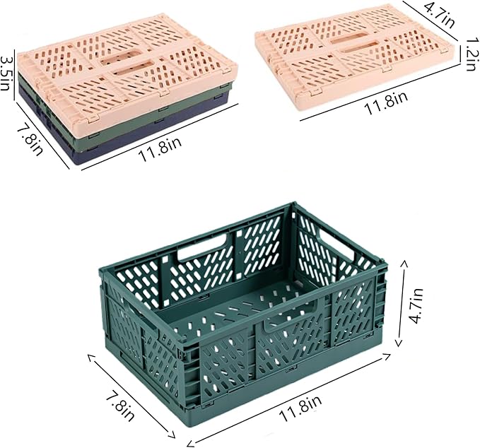 3Pcs Stackable Storage Bins with Handles Collapsible Plastic Crates | 7.5L Colorful Foldable Crate Large Baskets Truck Containers Fold Up Organization for Bathroom Desk Kitchen Office Home