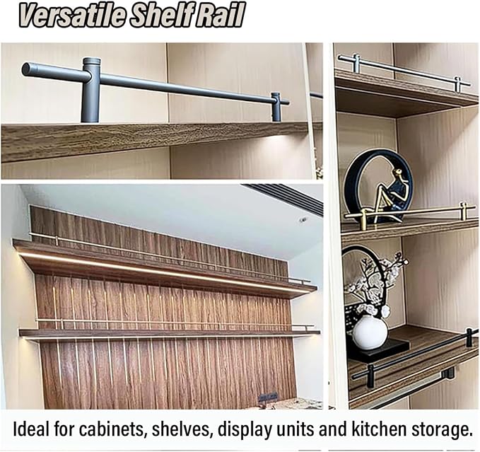 Boohelf Guard Rail Set - Easy Install Tipping Bar for Kitchen & Bathroom Cabinets, Round Rod Shelf Safety Fence, Decorative Storage Solution for Organized Spaces