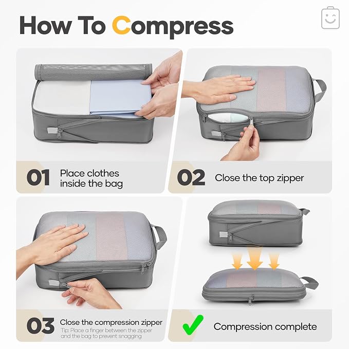 Veken 9/11 Set Compression Packing Cubes Garment Bags for Travel Essentials,Compressible Expandable Luggage Organizer Bags for Clothing,Space Saver Bags with Over 1000 pcs of Mesh Holes(Gray)