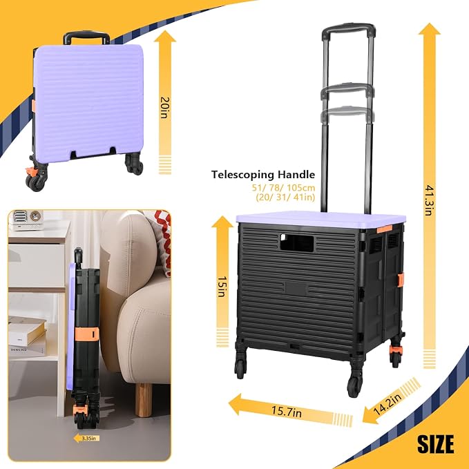 Foldable Utility Cart Portable Rolling Crate Handcart Shopping Trolley Collapsible Tool Box with Rotate Wheels Durable Duty Plastic Telescoping Handle Lid for Travel Move Office School(Purple)