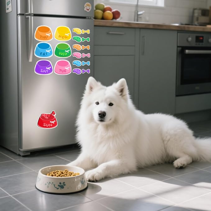 Chris.W Magnetic Dog Feeding Reminder Chart – Weekly Pet Food Tracker with Colorful Bowls, Bones & Meat Stickers – Dog Meal & Treat Planner for Fridge, Reusable Pet Fed Sign for Busy Owners