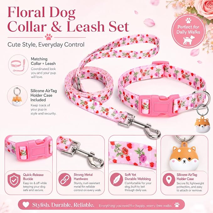 Floral Matching Dog Collar and Leash Set with AirTag Holder-Valentine's/S | Anti-Lost,Adjustable Durable Pet Collar Leash Combo for Small Boy Girl Dogs,for Outdoor Walking Hiking Training Running
