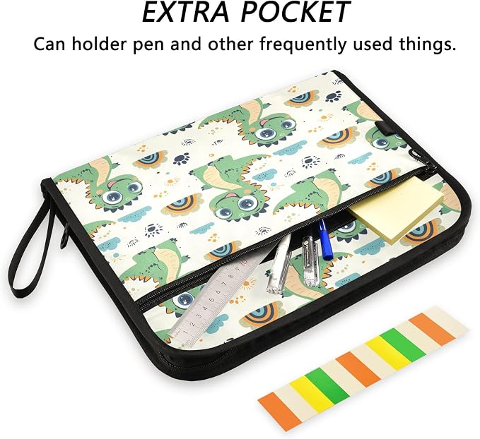 Green Dinosaur Rainbow Pattern 13 Pocket File Organizer Expanding File Folder with Front Pouch Portable Business File Storage Document Organizer Folder with Zipper