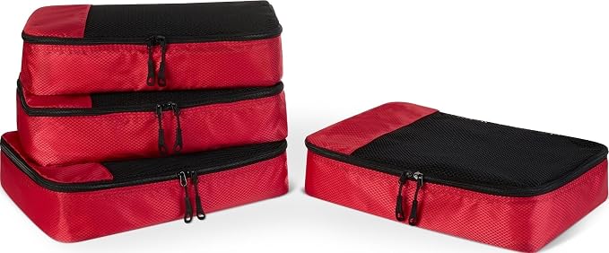 Amazon Essentials 4-Piece Packing Cubes Travel Accessories Set, Luggage Organizer with Double Zipper, Mesh Top, Space-Saving, Medium, Red (Previously Amazon Basics)